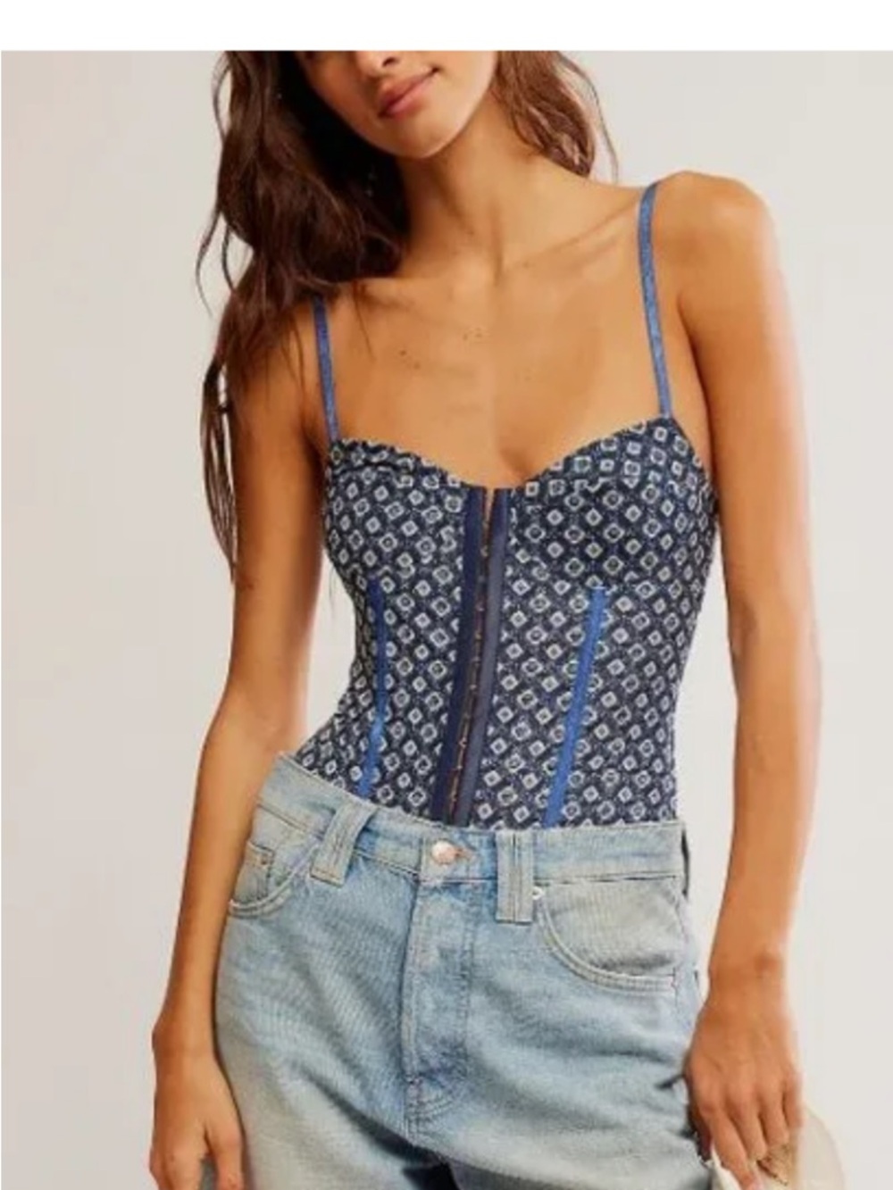 Free People Night Rhythm Corset Bodysuit Women’s S Navy Combo